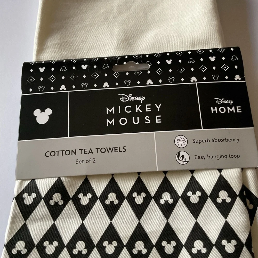 DISNEY SET OF 2 COTTON TEA DISH TOWELS MICKEY MOUSE BLACK AND WHITE NWT